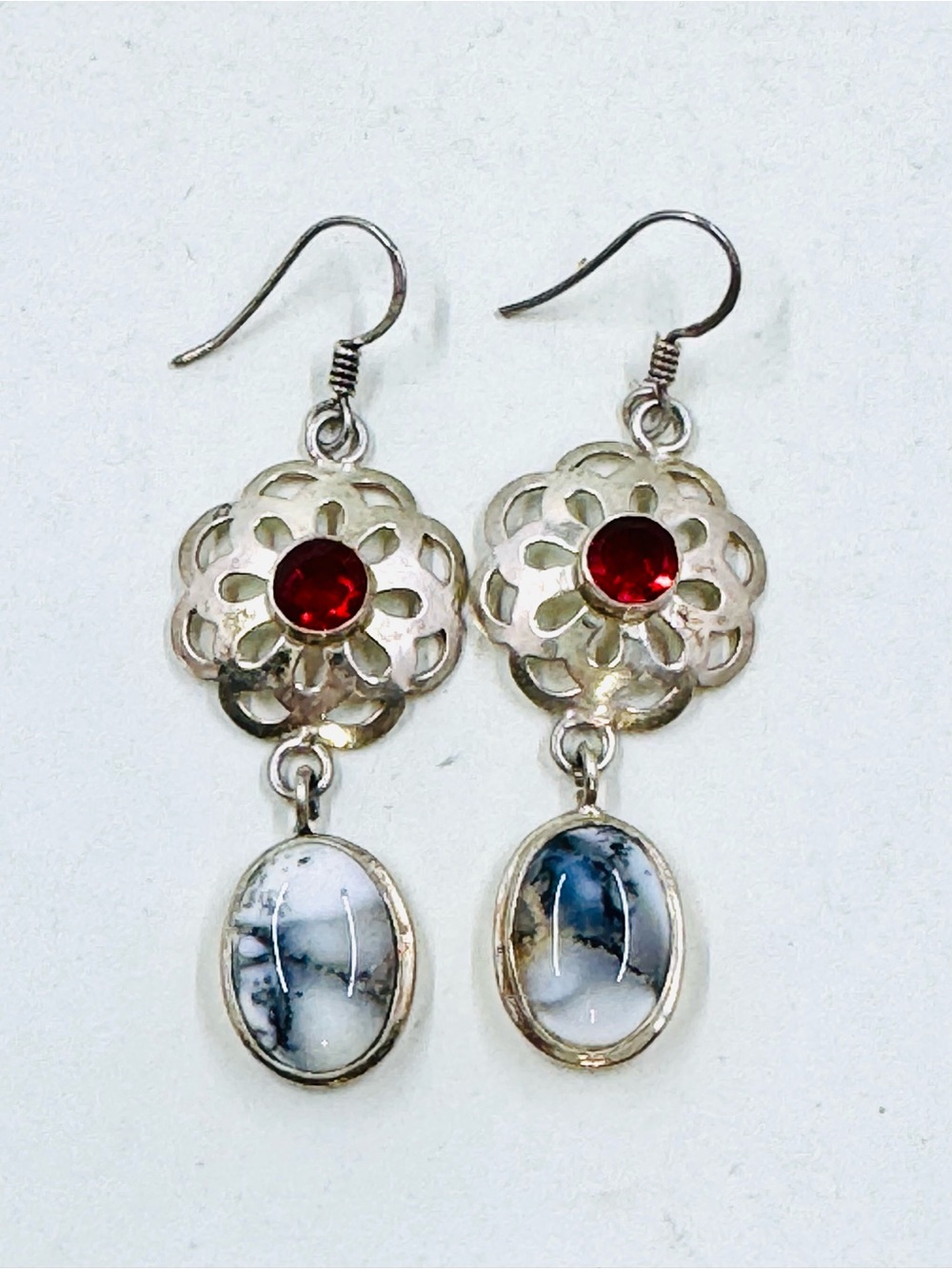 Sterling Silver Floral Drop Dangle Earrings W/Red Crystal & Natural Stone